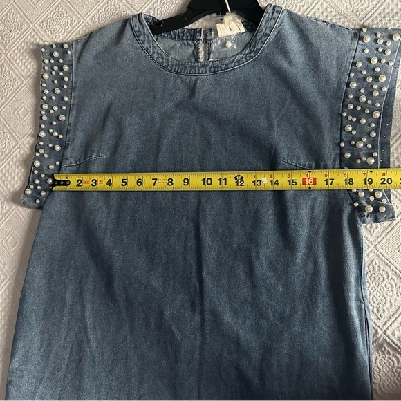 Free people- Bibi Denim Pearl Detail Mini Dress- Womens Size M #510-10 - Picture 13 of 14